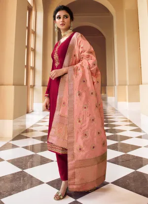 Red And Peach Embroidered Pant Style Suit