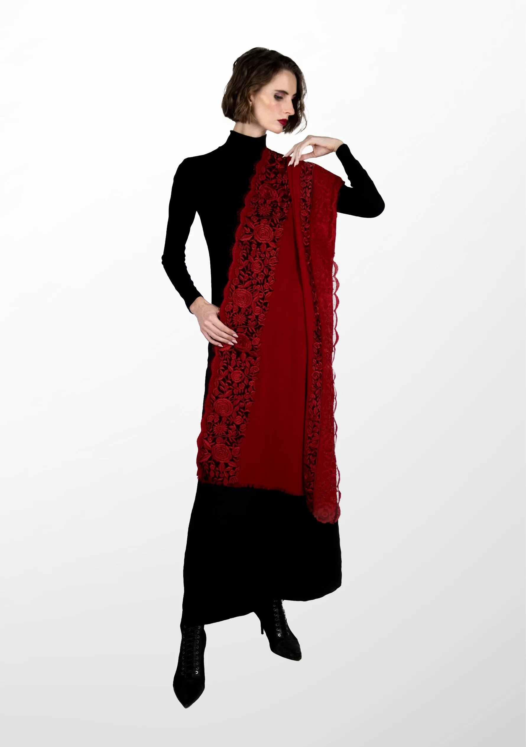 Red Cashmere Scarf with Black and Red Embroidery and Filigree Lace