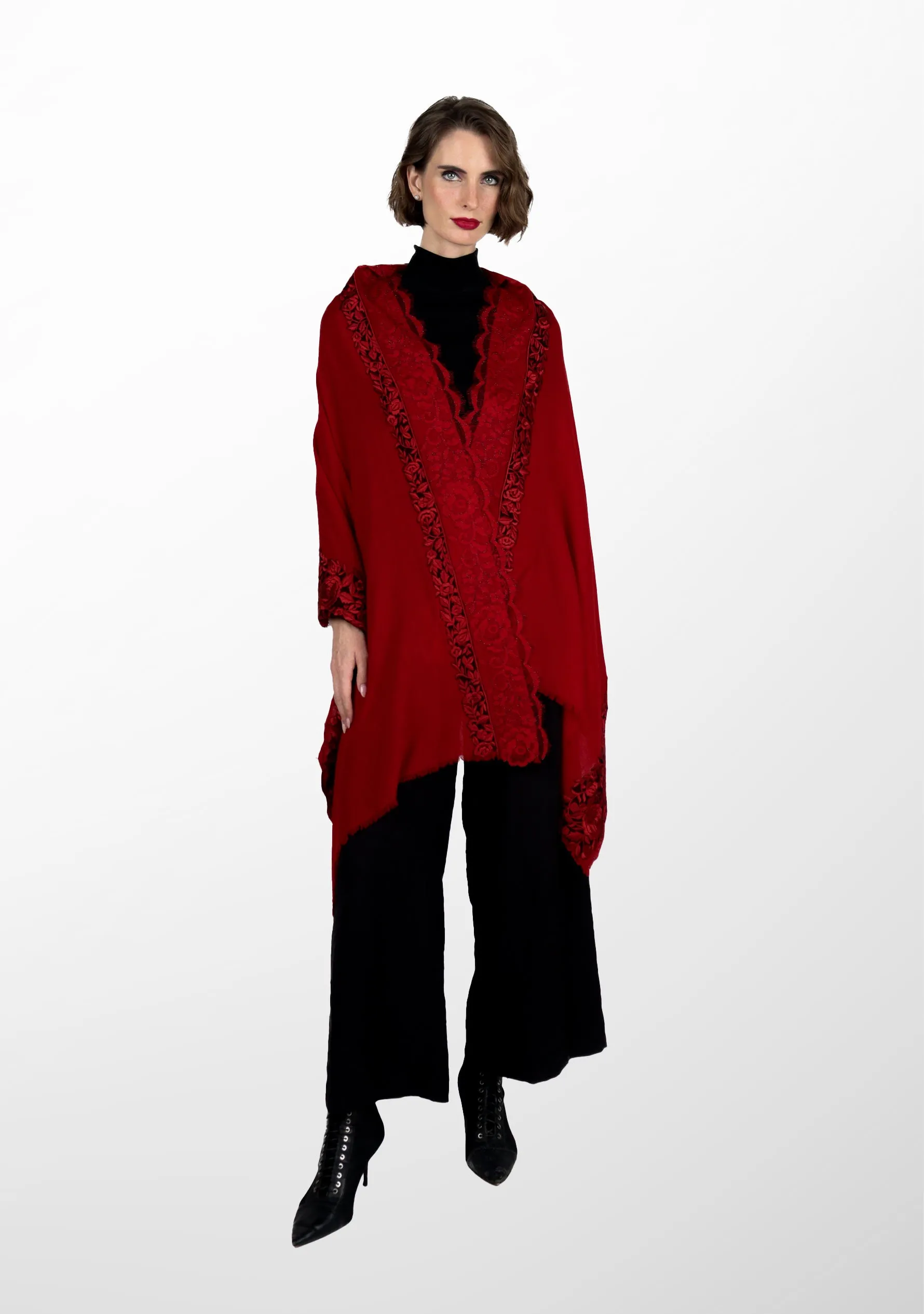 Red Cashmere Scarf with Black and Red Embroidery and Filigree Lace