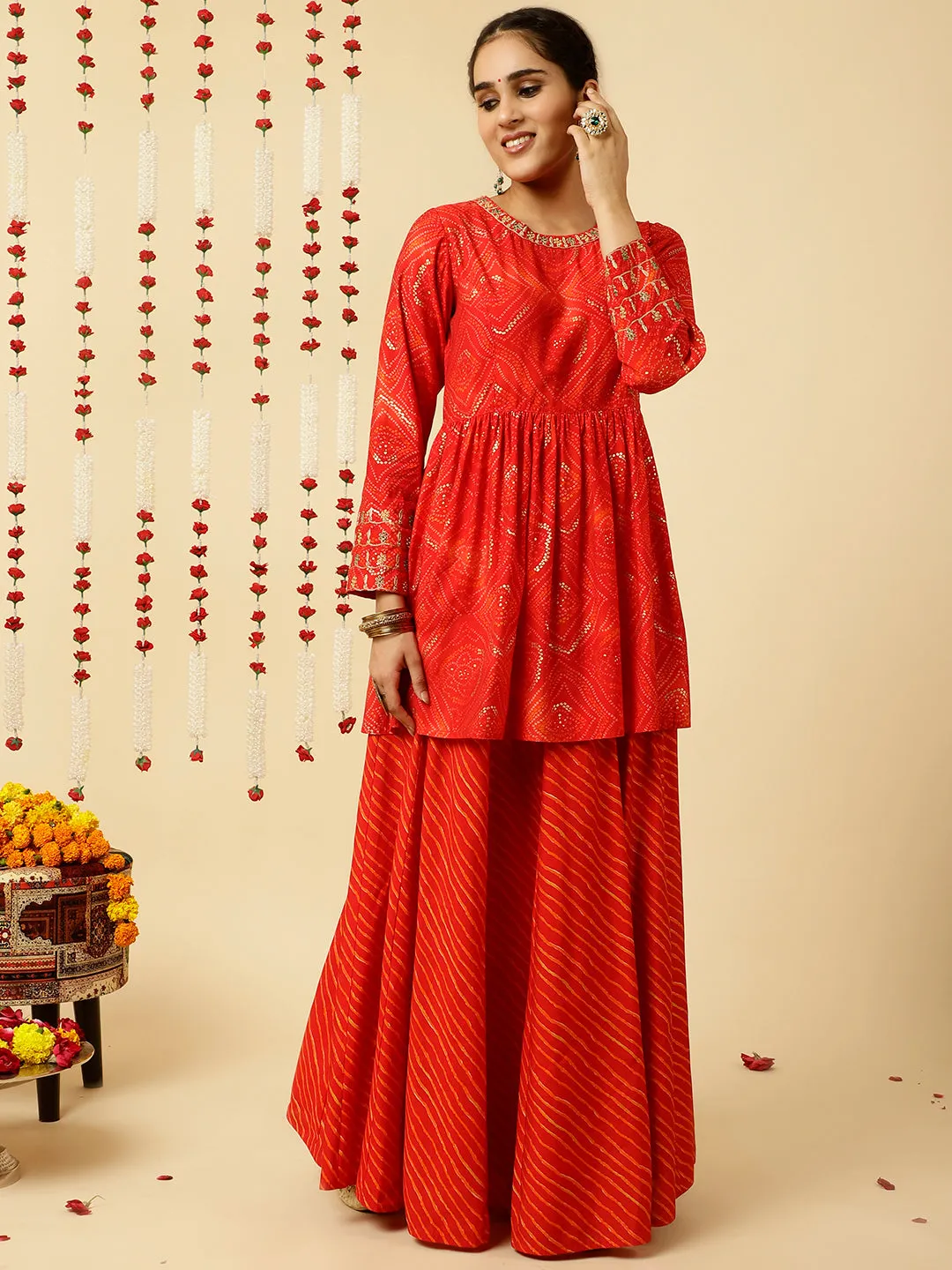 Red Embroidered Bandhani Gathered Kurta With Leheriya Skirt And Dupatta