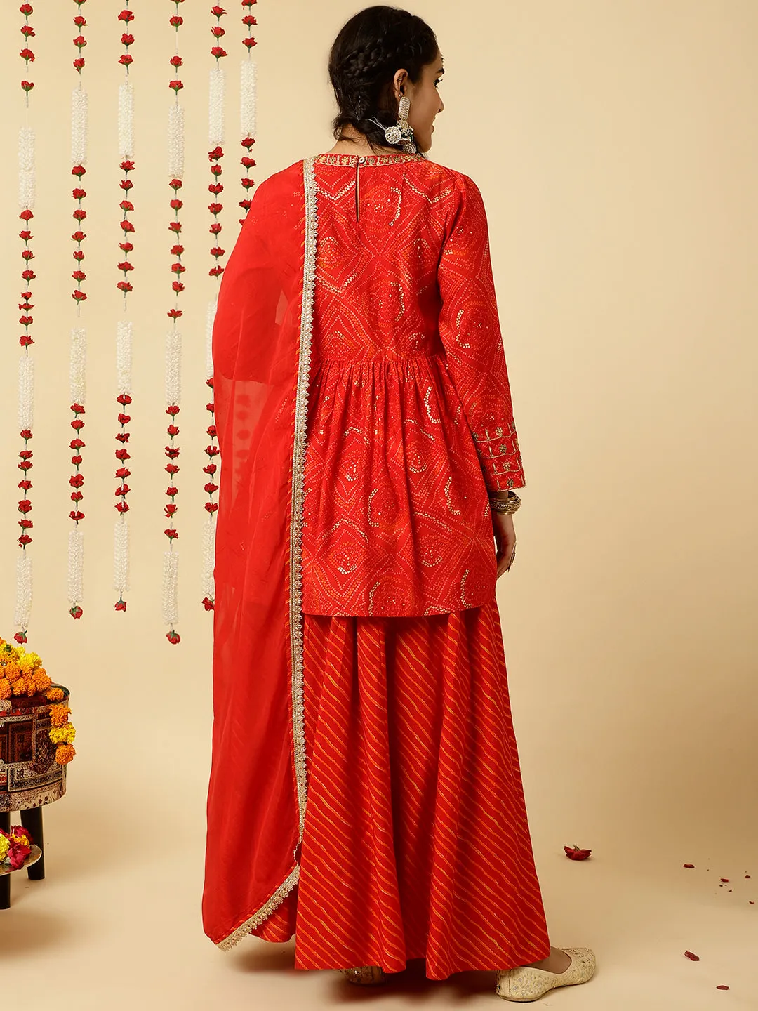 Red Embroidered Bandhani Gathered Kurta With Leheriya Skirt And Dupatta