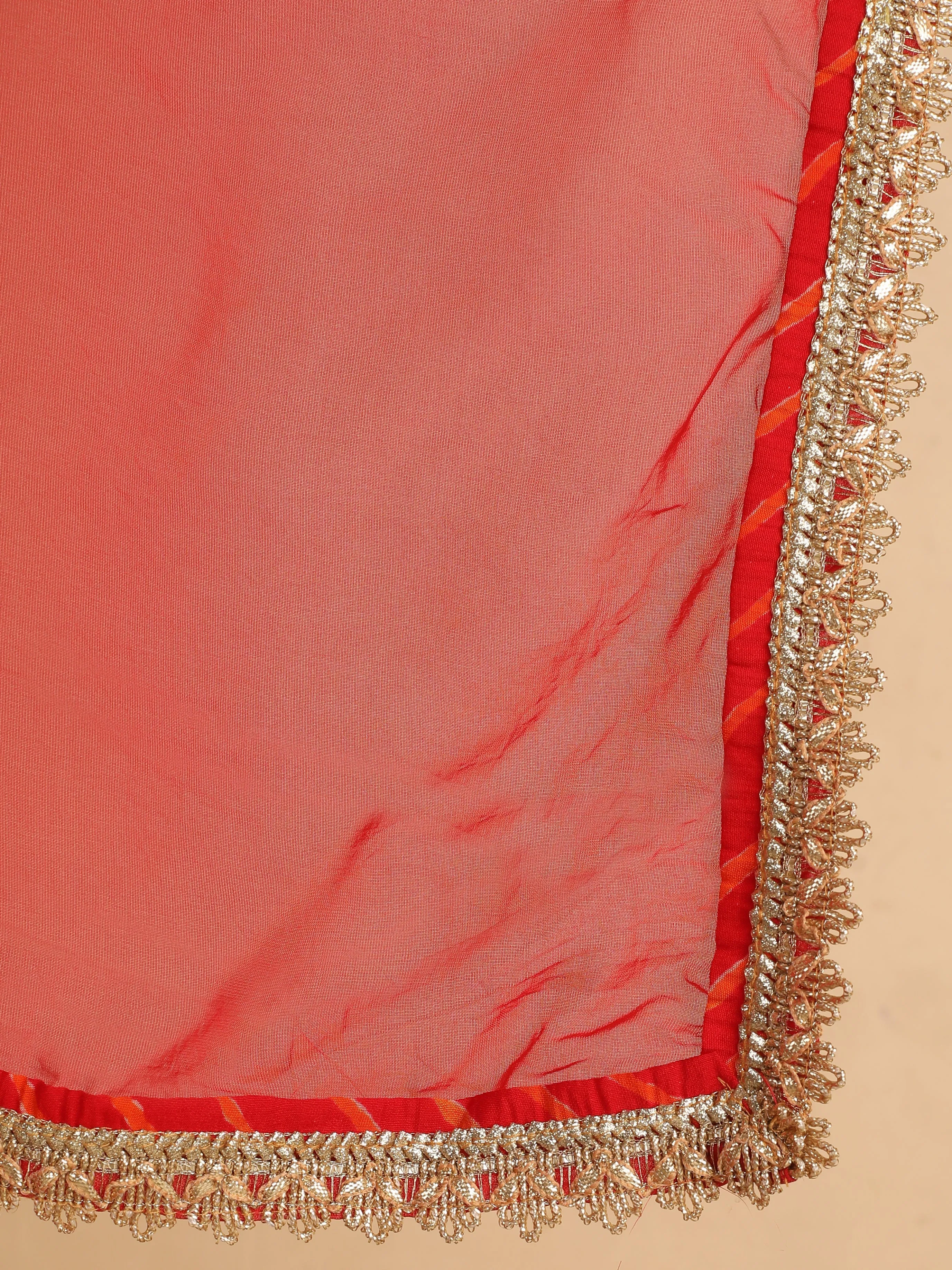 Red Embroidered Bandhani Gathered Kurta With Leheriya Skirt And Dupatta