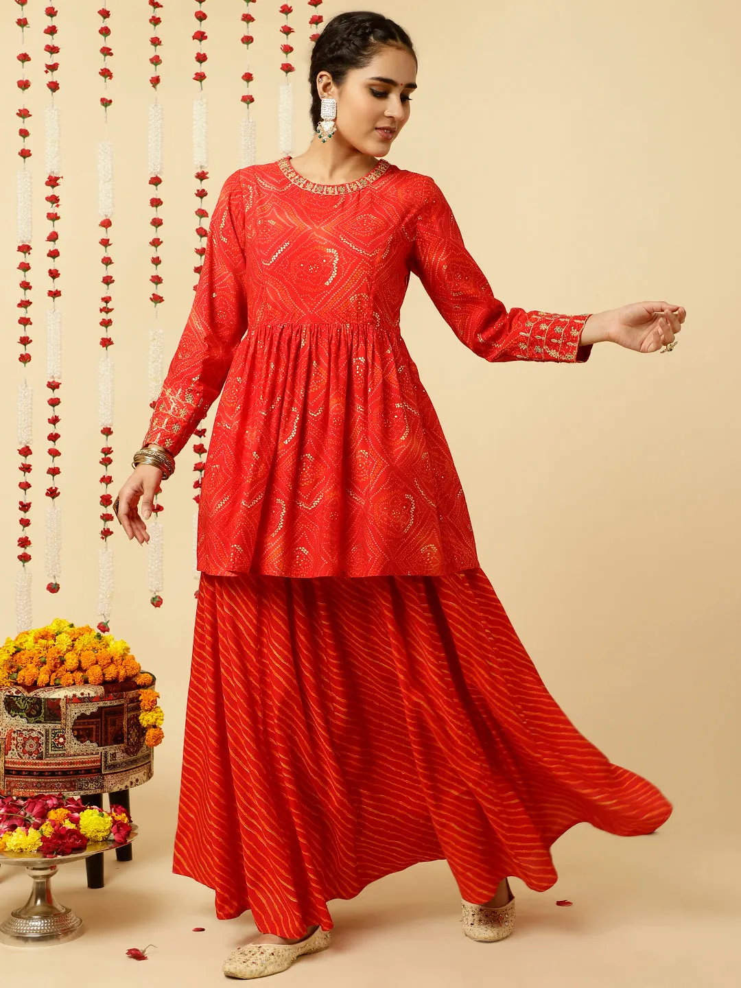 Red Embroidered Bandhani Gathered Kurta With Leheriya Skirt And Dupatta