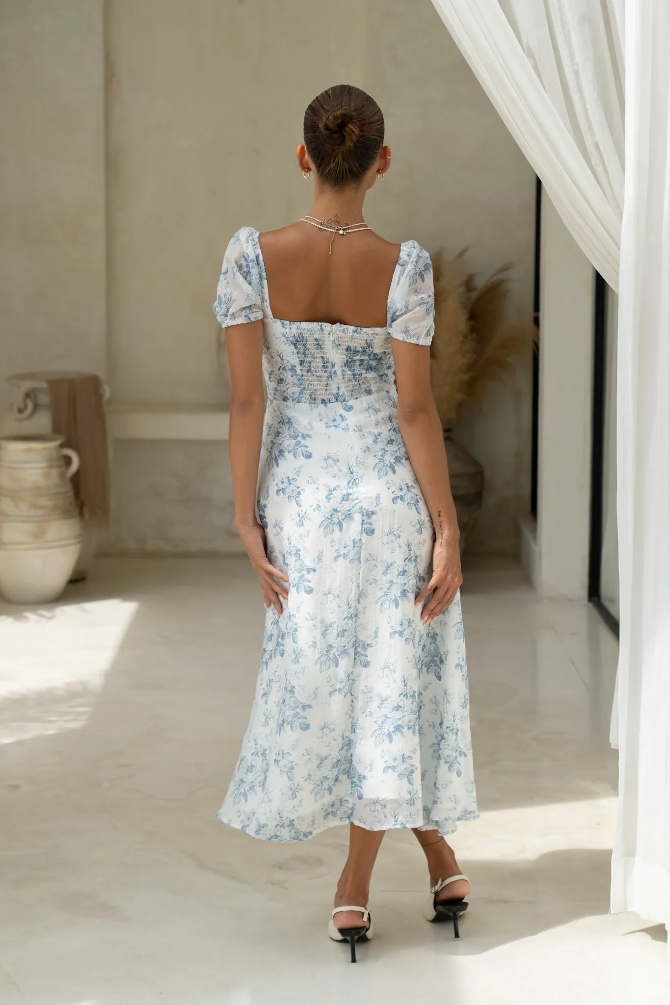 Reverie Blue Floral Sweetheart Midi Dress