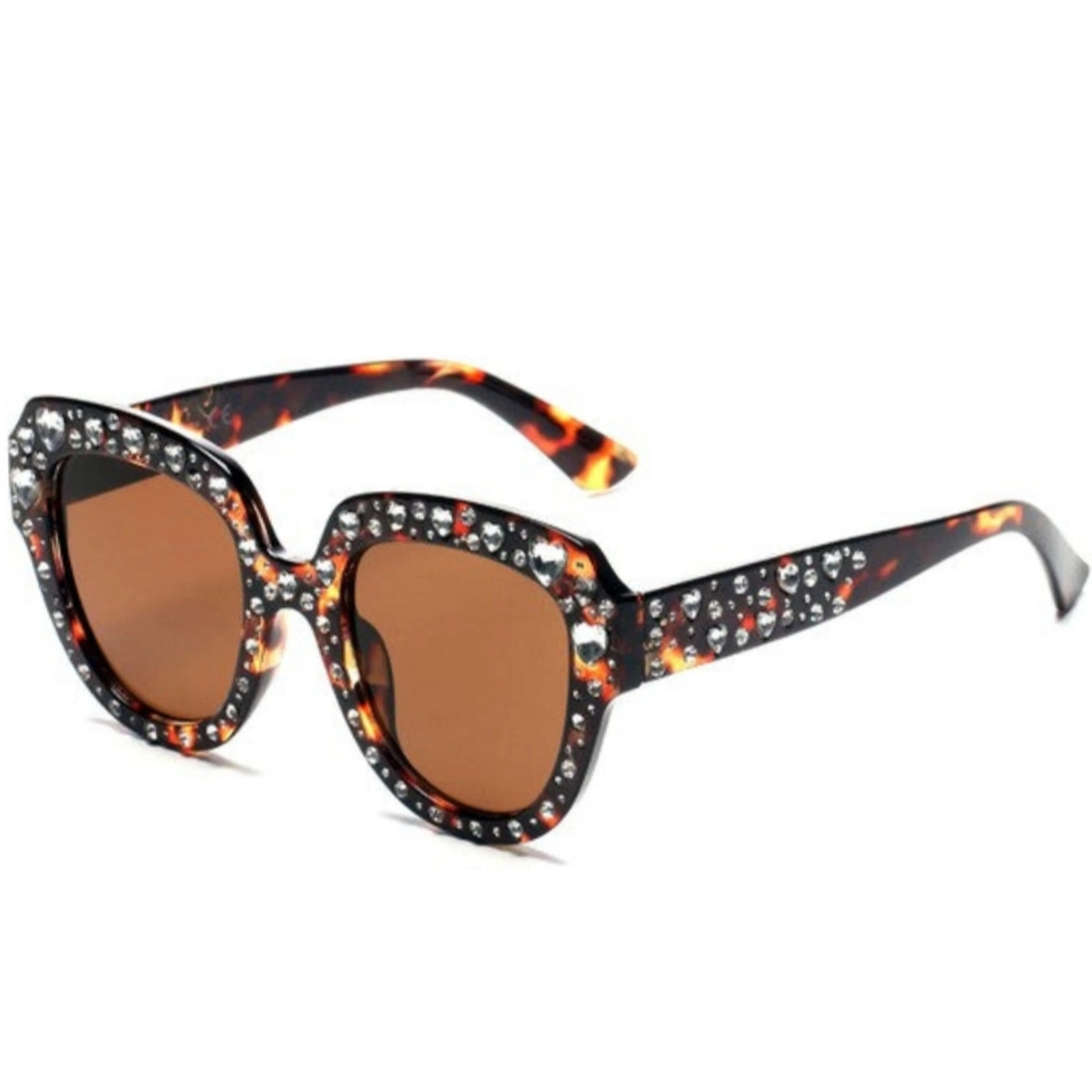 Rhinestone Sunglasses Heart Studded Round Cat Eye Women's Fashion UVA UVB Eye Protection Case Included