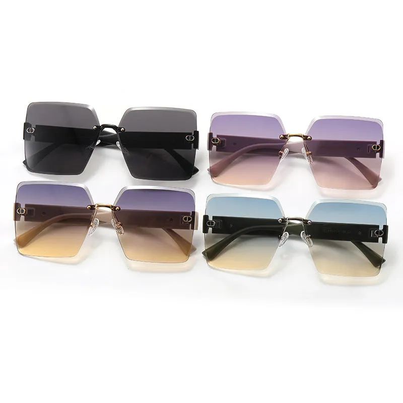 Rimless square sunglasses for women leather leg design large frame sunglasses anti-UV ins internet celebrity anchor