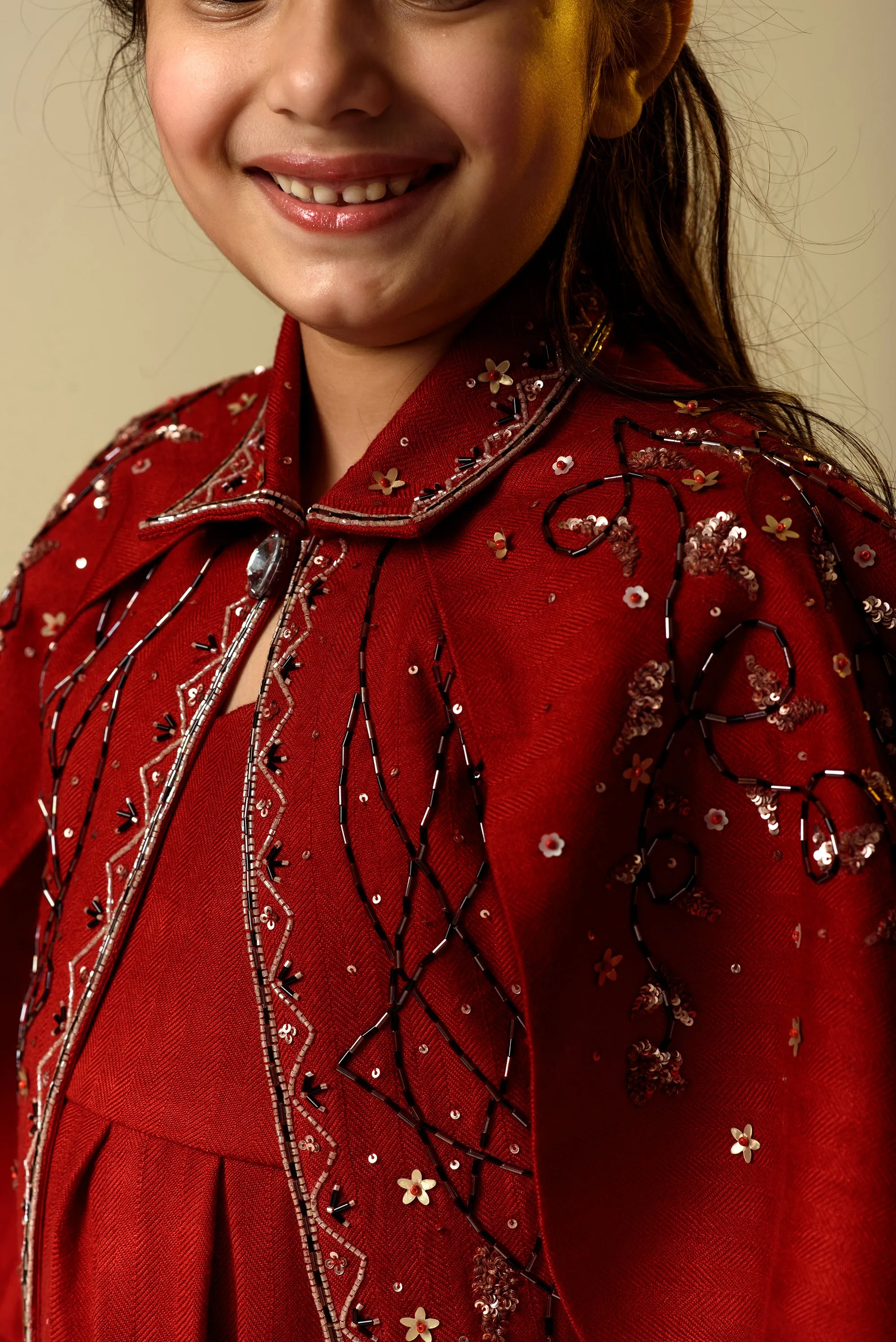 Rosy Finch- Double Flared Red Embroidered Jacket With Long Woollen Dress For Girls