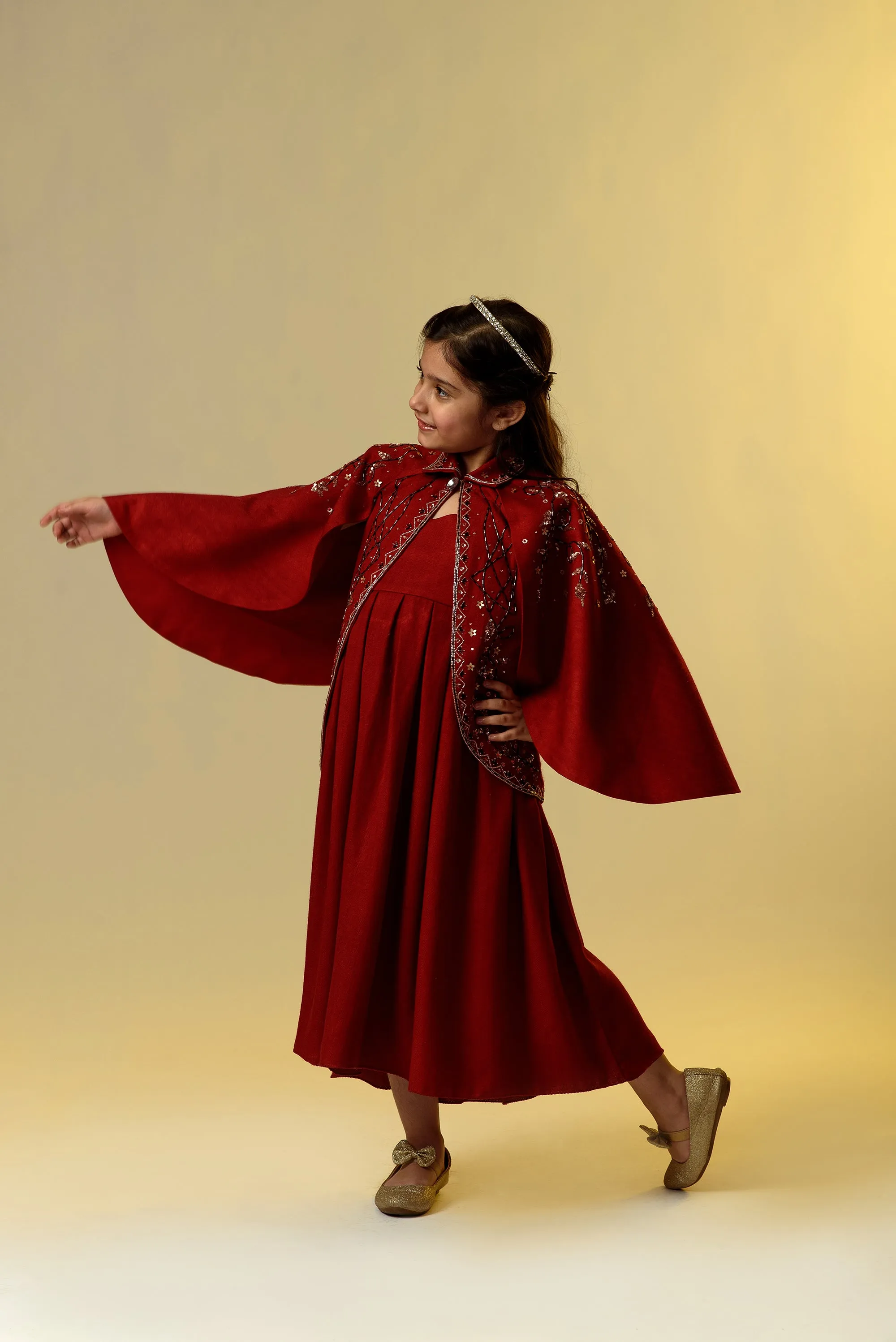 Rosy Finch- Double Flared Red Embroidered Jacket With Long Woollen Dress For Girls