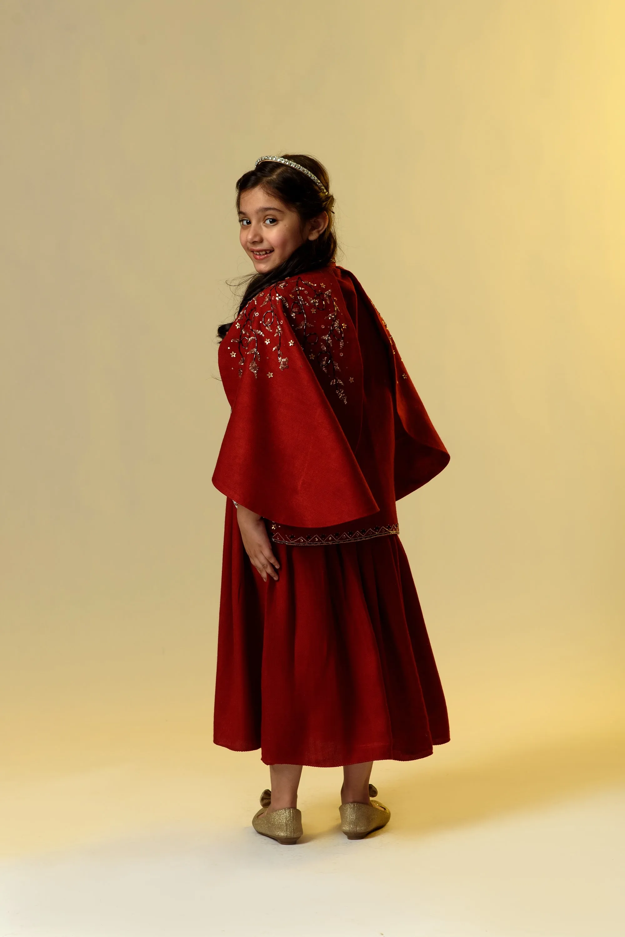 Rosy Finch- Double Flared Red Embroidered Jacket With Long Woollen Dress For Girls