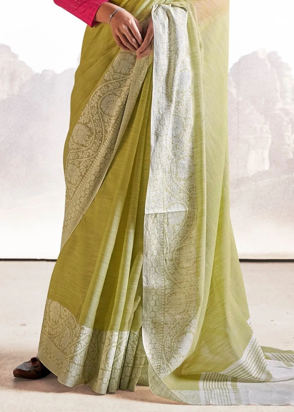 Sage Green Soft Linen Silk Saree with Lucknowi work and Sequence Blouse