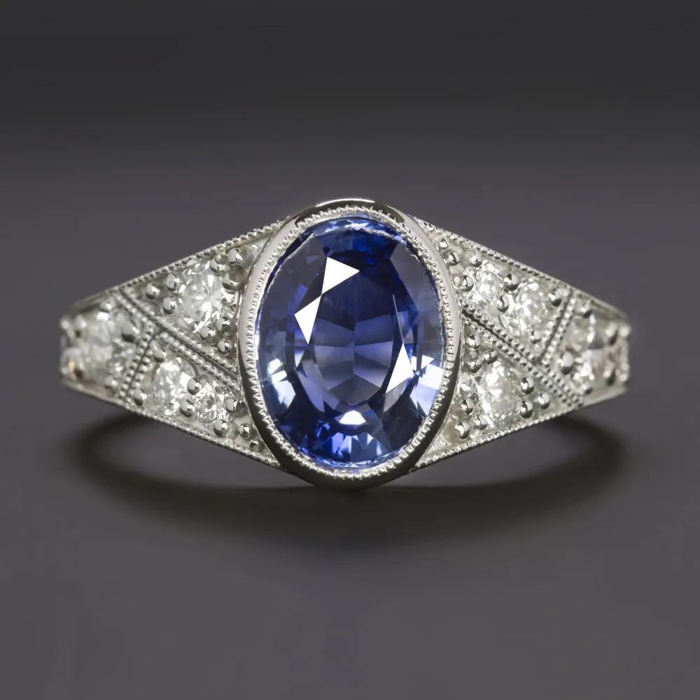 SAPPHIRE DIAMOND COCKTAIL RING VINTAGE STYLE 14k WHITE GOLD OVAL SHAPE NATURAL