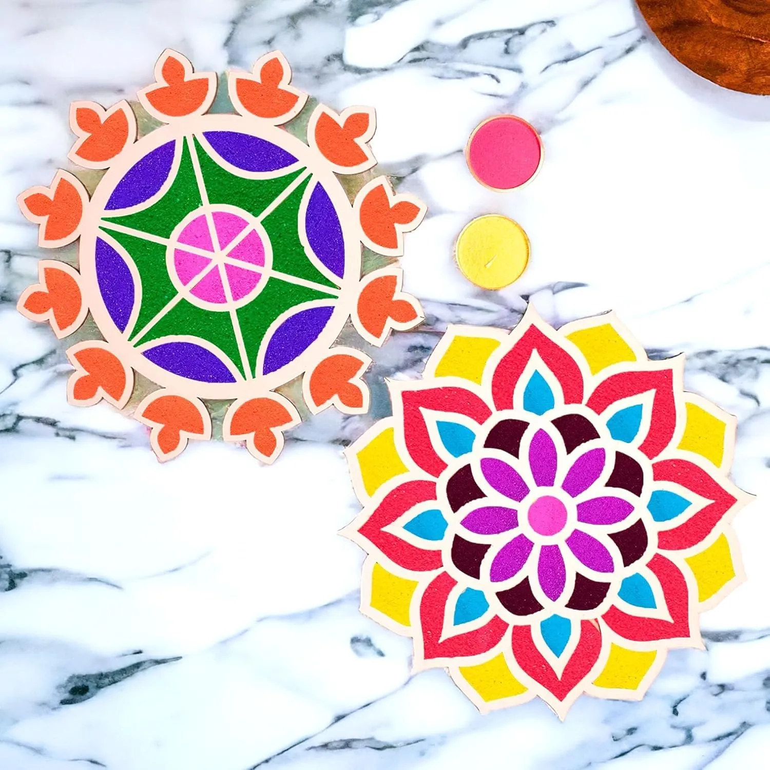 Set of 2 Rangoli Stencils Mats Reusable Rangoli DIY Template Diwali Decoration Items for Home Decor - Rangoli Making Tools Kit for Pooja Room Floor Entrance Temple Decor (12 Inches Each)