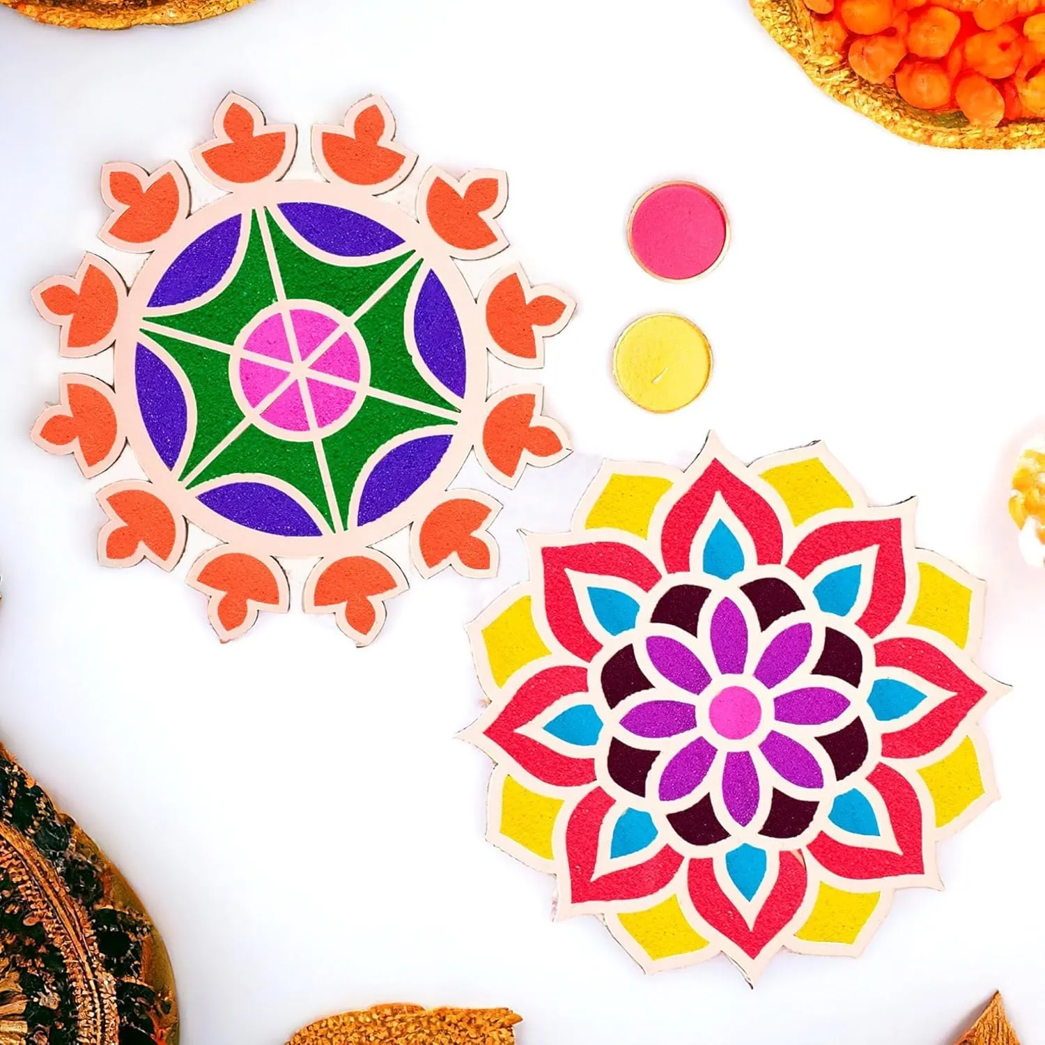 Set of 2 Rangoli Stencils Mats Reusable Rangoli DIY Template Diwali Decoration Items for Home Decor - Rangoli Making Tools Kit for Pooja Room Floor Entrance Temple Decor (12 Inches Each)