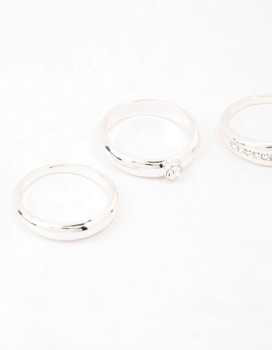 Silver Plated Cubic Zirconia &  Chunky Rings 3-Pack