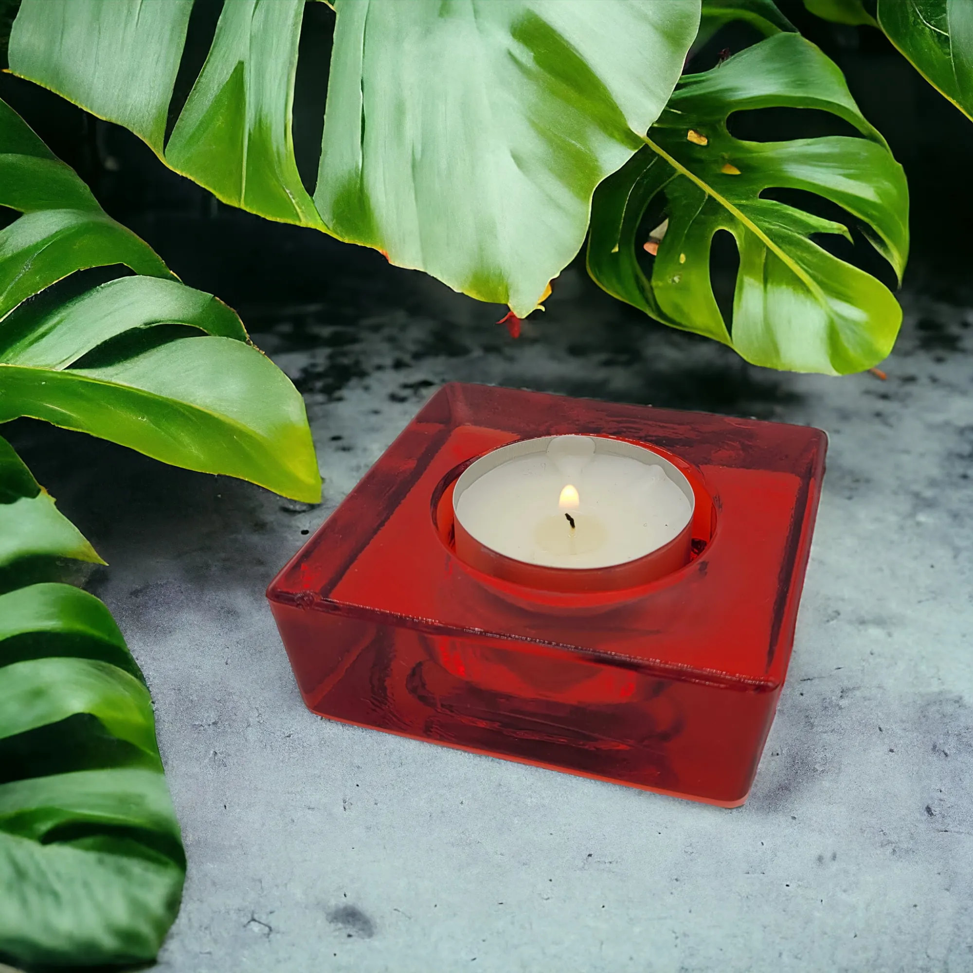 Small Square Glass Tealight Holder - Red Or Clear