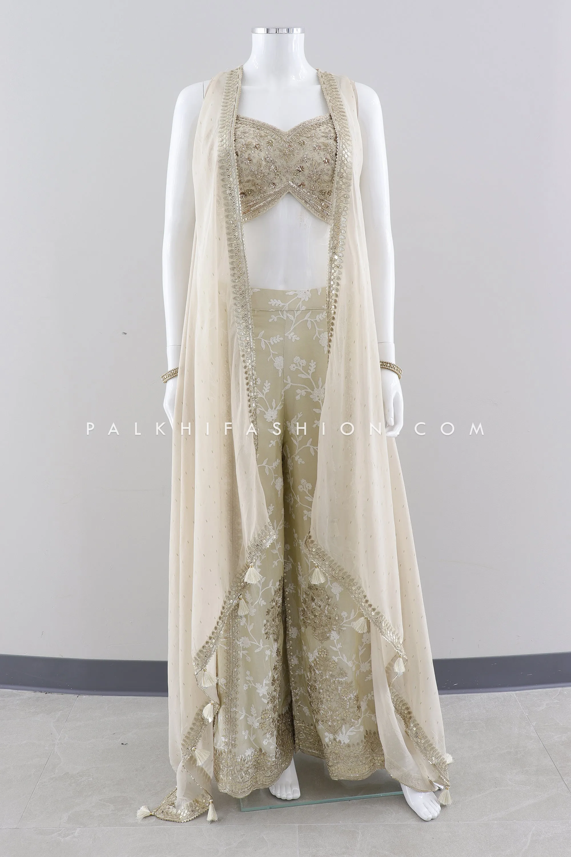 Stunning Champagne Crop Top Palazzo Outfit with Handwork Detailing