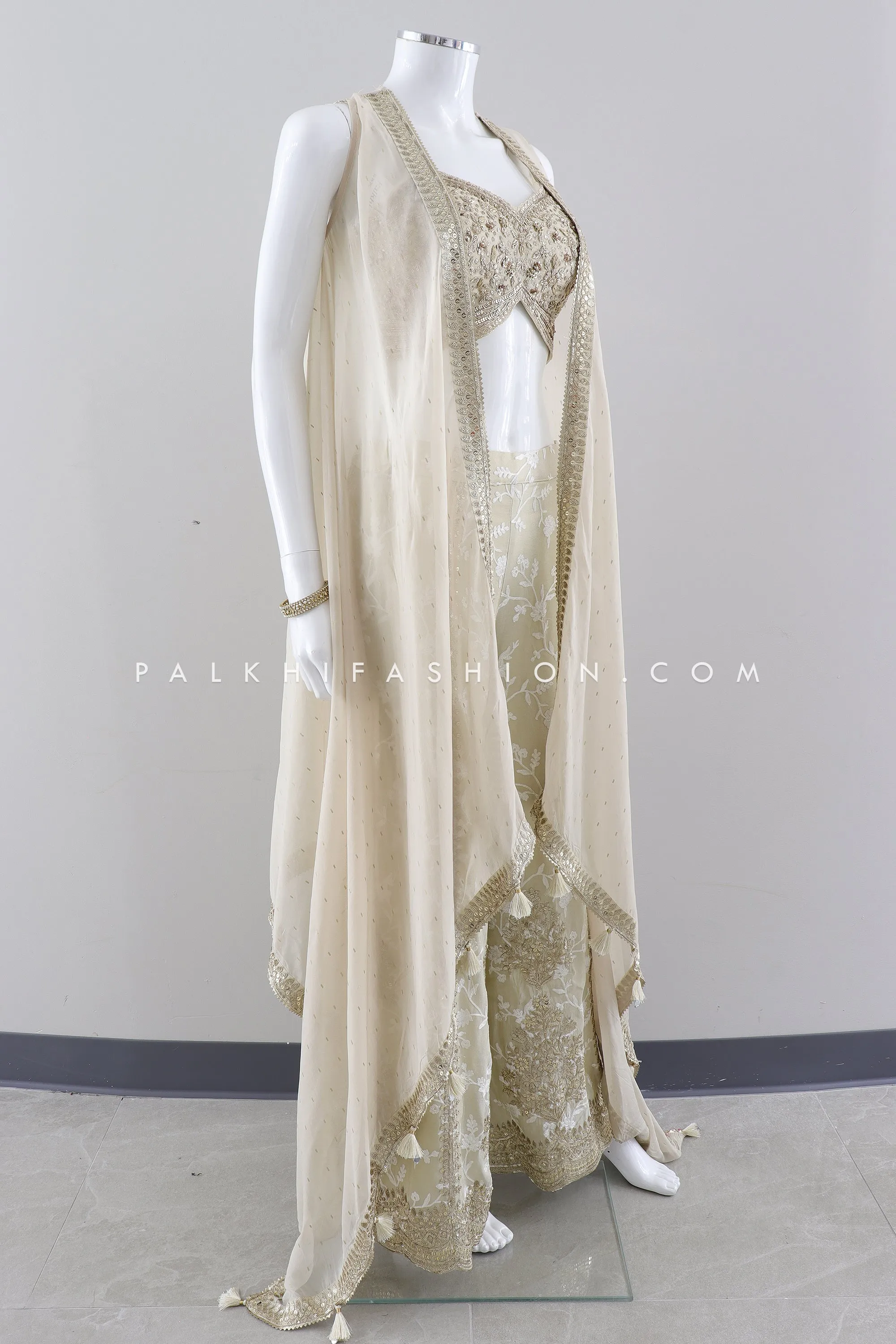 Stunning Champagne Crop Top Palazzo Outfit with Handwork Detailing