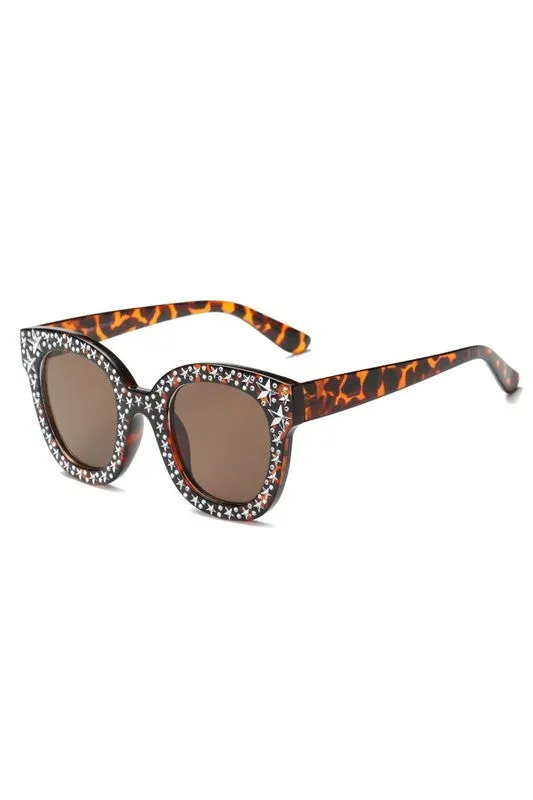 Sunglasses Rhinestone Star Studded Round Cat Eye Women's Fashion UVA UVB Protection Case Included