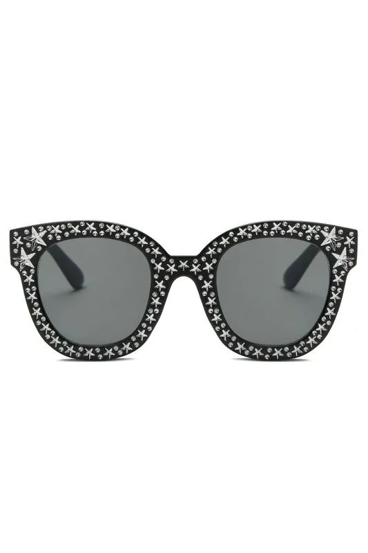 Sunglasses Rhinestone Star Studded Round Cat Eye Women's Fashion UVA UVB Protection Case Included