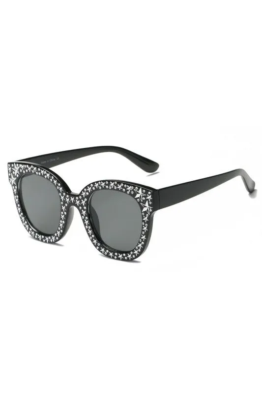 Sunglasses Rhinestone Star Studded Round Cat Eye Women's Fashion UVA UVB Protection Case Included