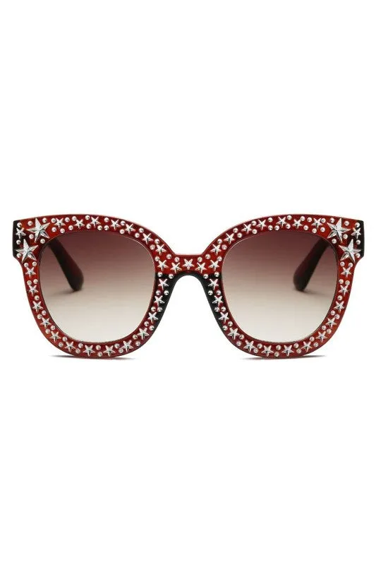 Sunglasses Rhinestone Star Studded Round Cat Eye Women's Fashion UVA UVB Protection Case Included