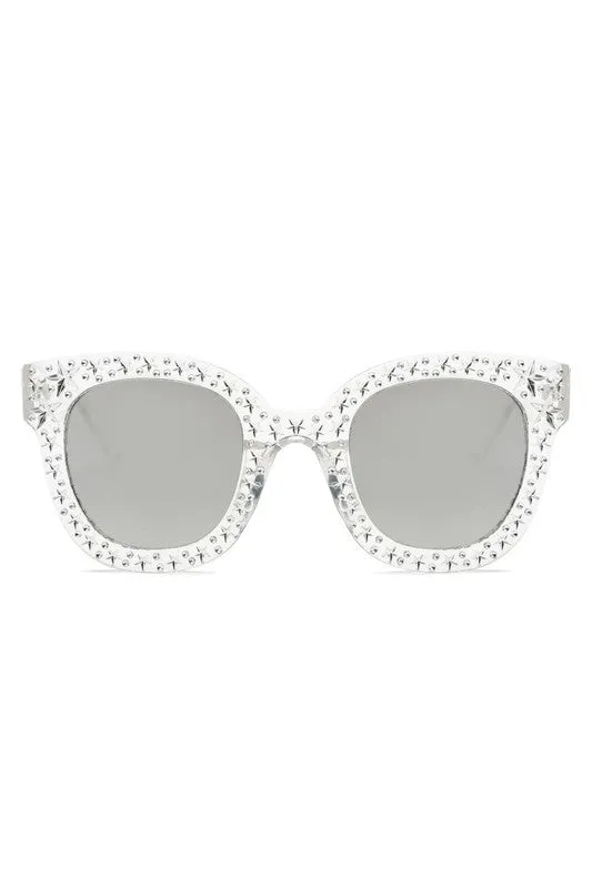 Sunglasses Rhinestone Star Studded Round Cat Eye Women's Fashion UVA UVB Protection Case Included