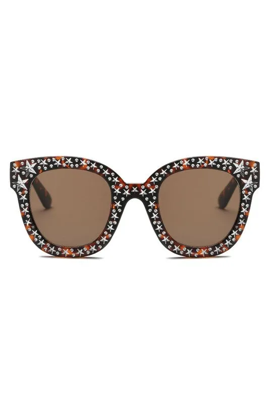 Sunglasses Rhinestone Star Studded Round Cat Eye Women's Fashion UVA UVB Protection Case Included