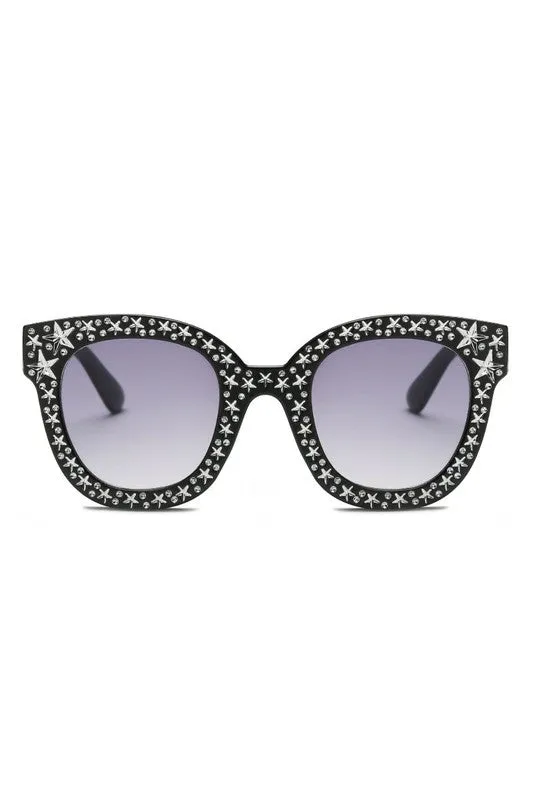 Sunglasses Rhinestone Star Studded Round Cat Eye Women's Fashion UVA UVB Protection Case Included