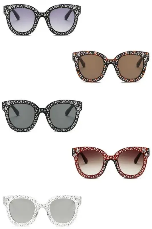 Sunglasses Rhinestone Star Studded Round Cat Eye Women's Fashion UVA UVB Protection Case Included