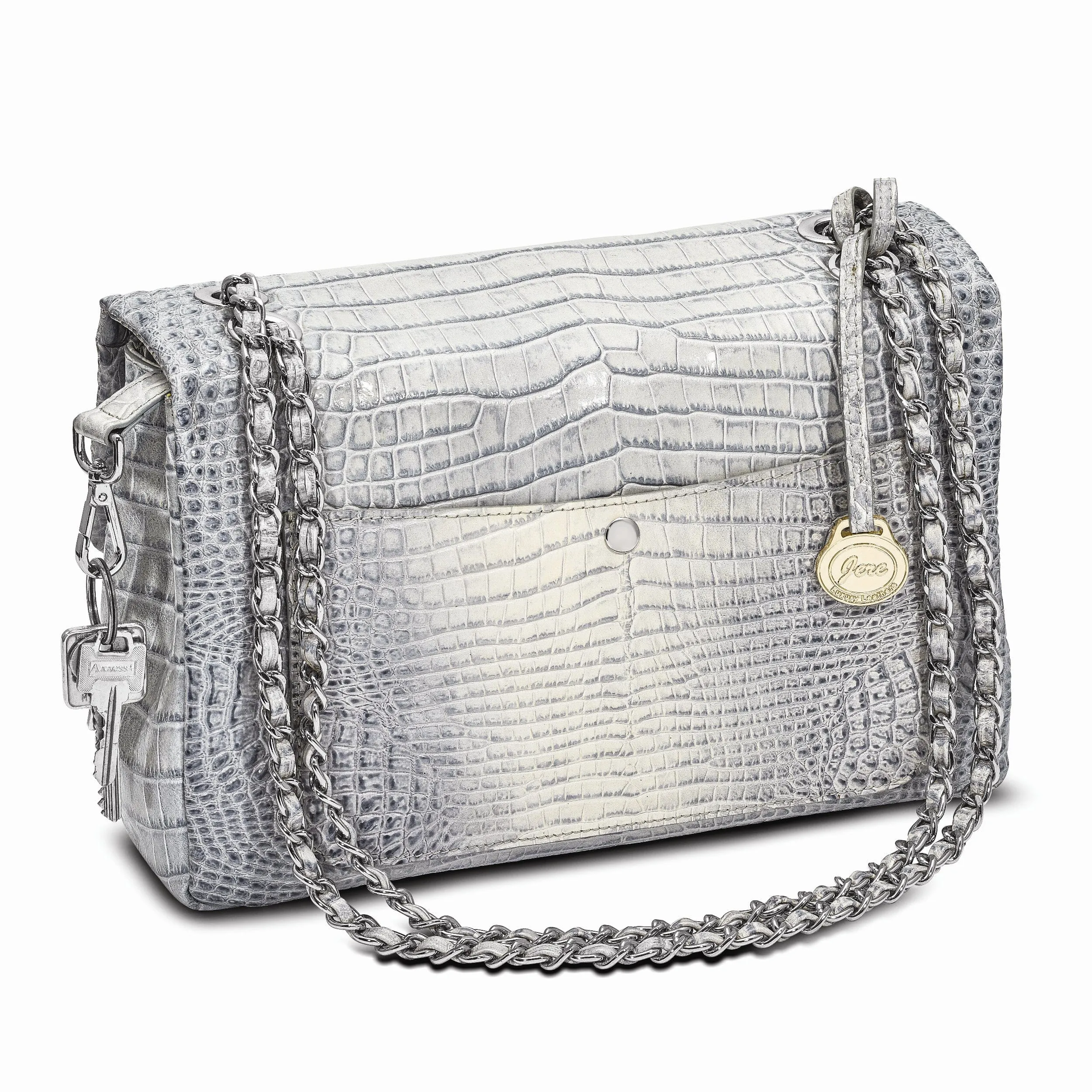 Top Grain Leather Croc Texture Adjustable Chain Strap Swivel Clasp Cotton Lining with Zip Pocket Two Slip and Pen Pockets Key Fob Silver Chain Strap Handbag