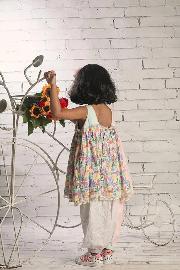 Tropical Print Gathered Kurta and Off-White Salwar Set for Girls