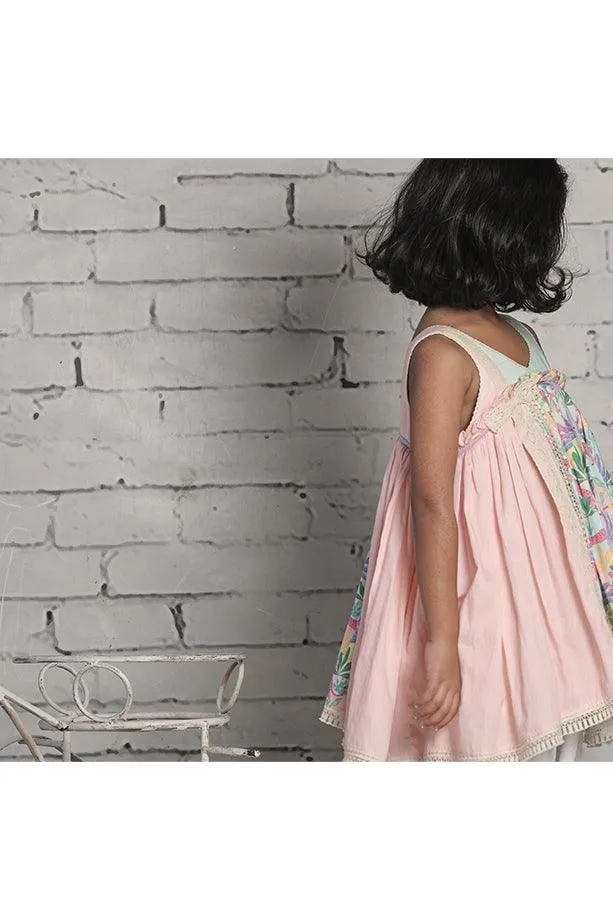 Tropical Print Gathered Kurta and Off-White Salwar Set for Girls