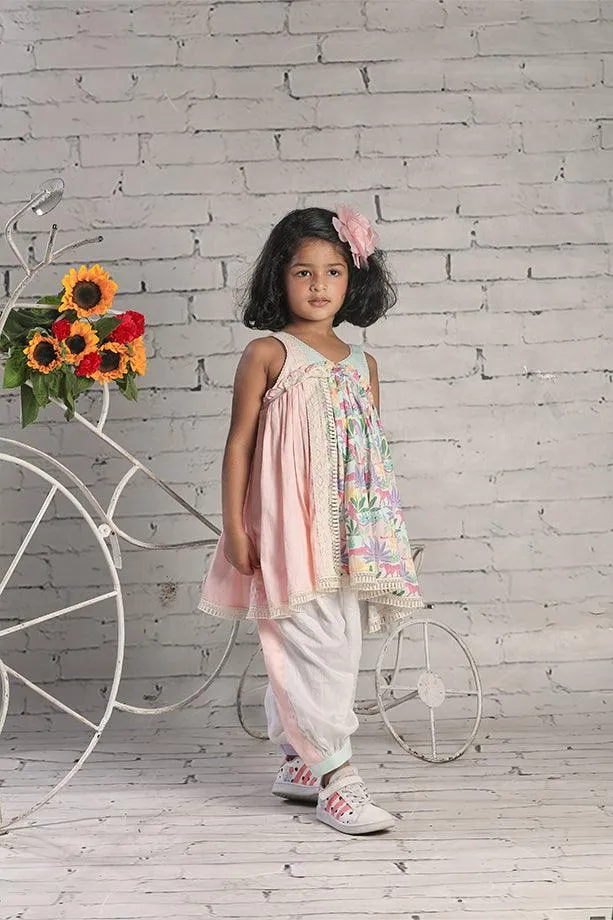 Tropical Print Gathered Kurta and Off-White Salwar Set for Girls