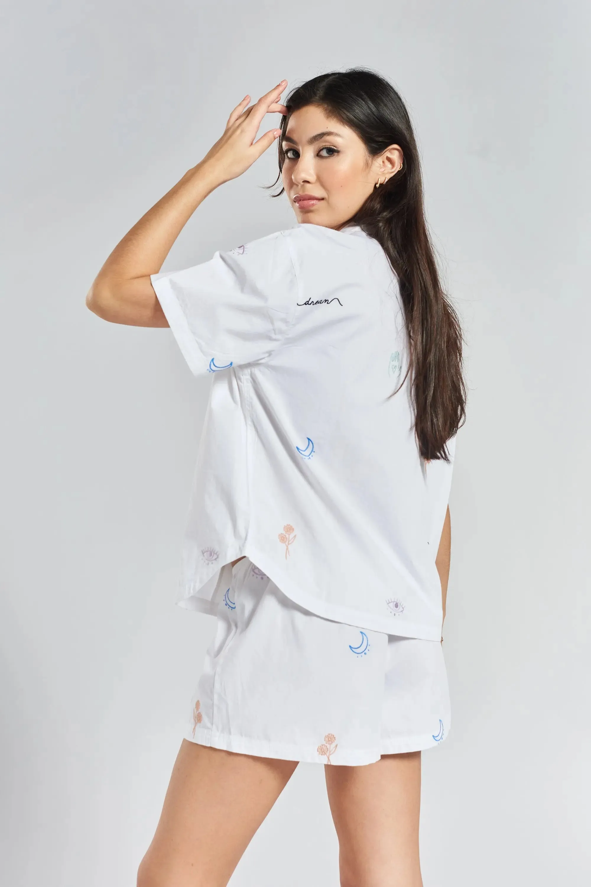 Tsubaki Embroidered Ethical-Cotton Pyjama Shorts - Glacier White