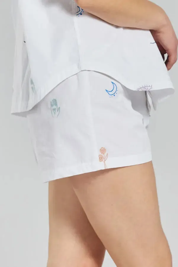 Tsubaki Embroidered Ethical-Cotton Pyjama Shorts - Glacier White