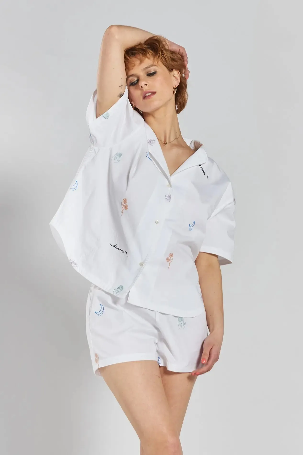 Tsubaki Embroidered Ethical-Cotton Pyjama Shorts - Glacier White