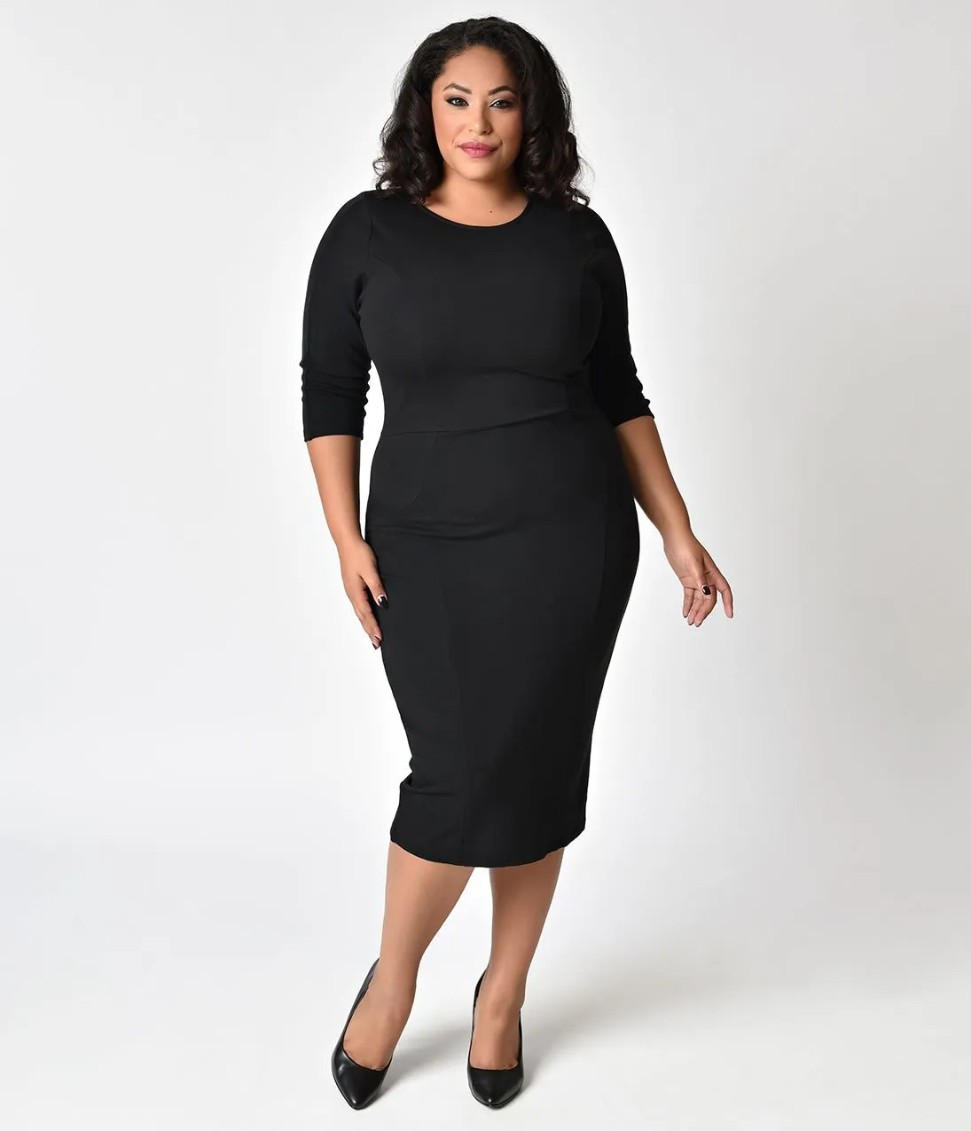 Unique Vintage Plus Size 1960s Style Black Long Sleeve Mod Wiggle Dress