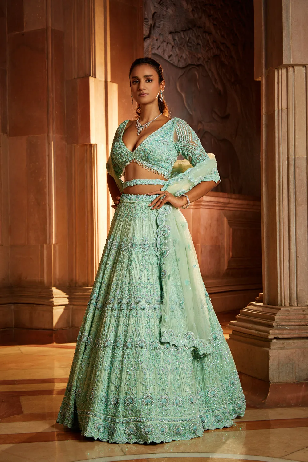 Vibrant Mint Green Tulle Lehenga Choli Dupatta with a Worked Belt