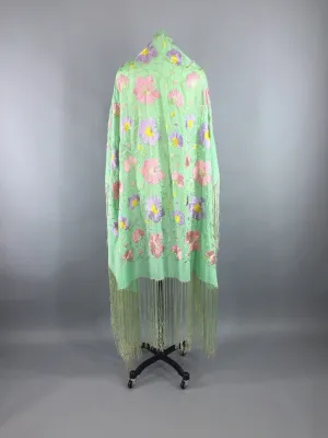 Vintage 1920s - 1930s Embroidered Silk Fringed Piano Shawl Wrap