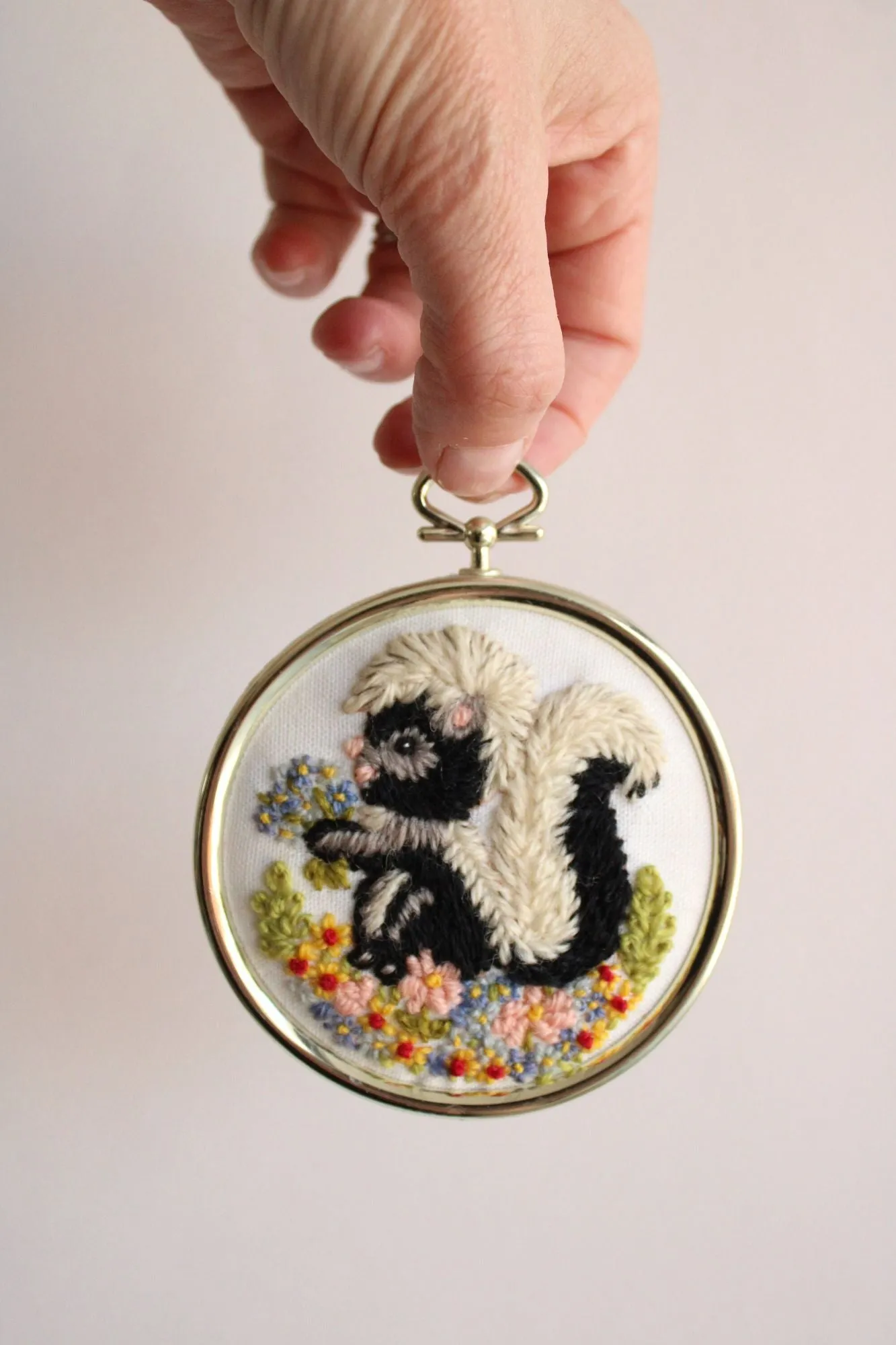 Vintage 1970s 1980s Framed Animal Embroidery of A Skunk and A Raccoon