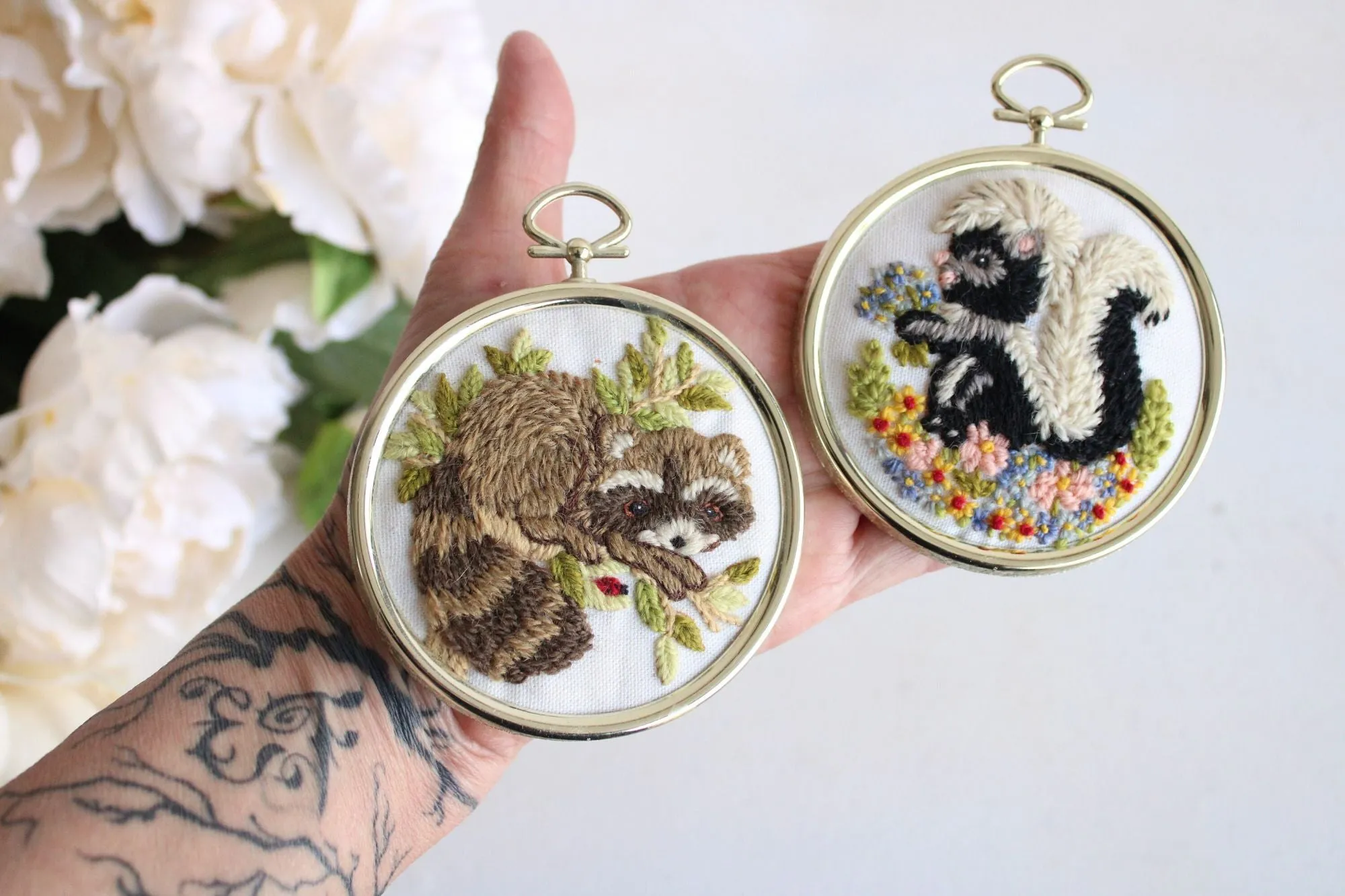 Vintage 1970s 1980s Framed Animal Embroidery of A Skunk and A Raccoon