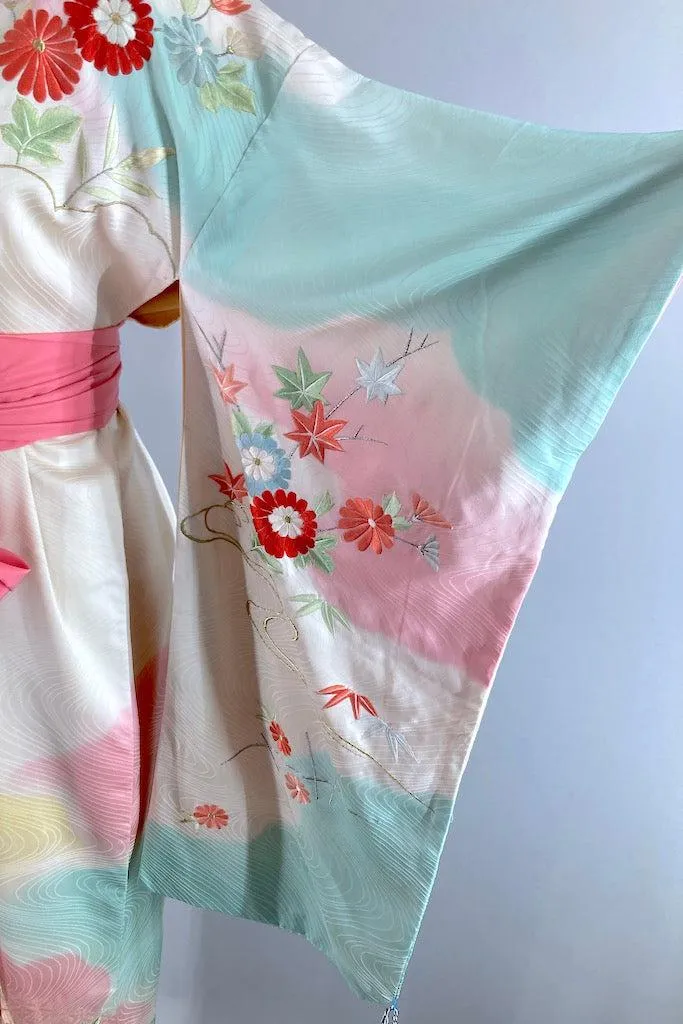 Vintage Mint Green Embroidered Silk Kimono Robe