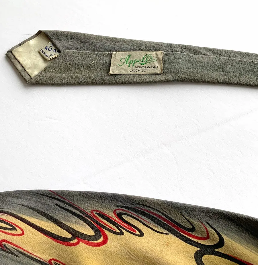 Wide 40s Vintage Necktie Hand Painted Tie Dramatic Signed Allan California VFG