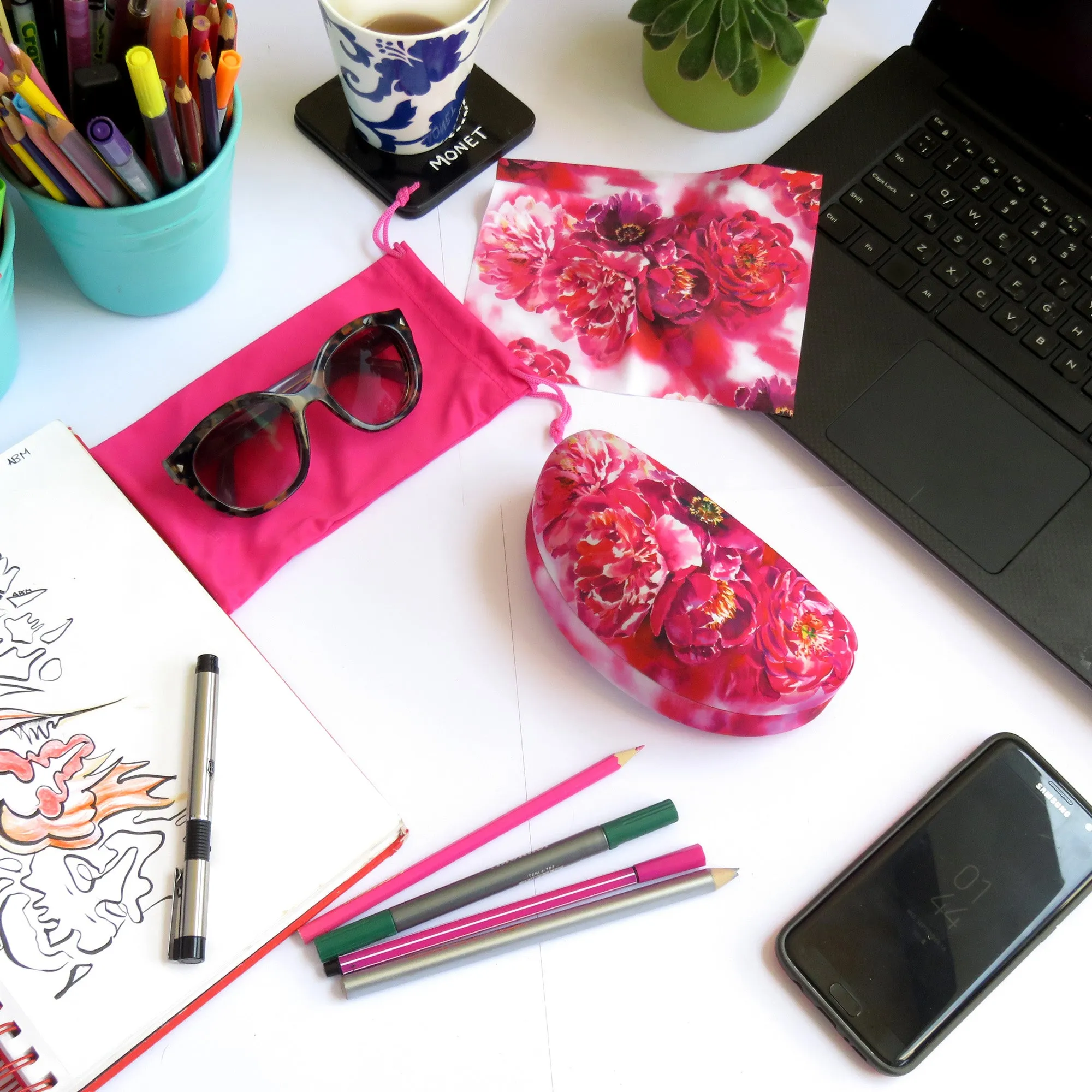 Women floral extra large sunglasses case-  Pouch & Cloth - large glasses holder (AS179 Peonies)