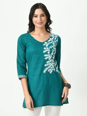 Women Green Embroidered Short Kurti