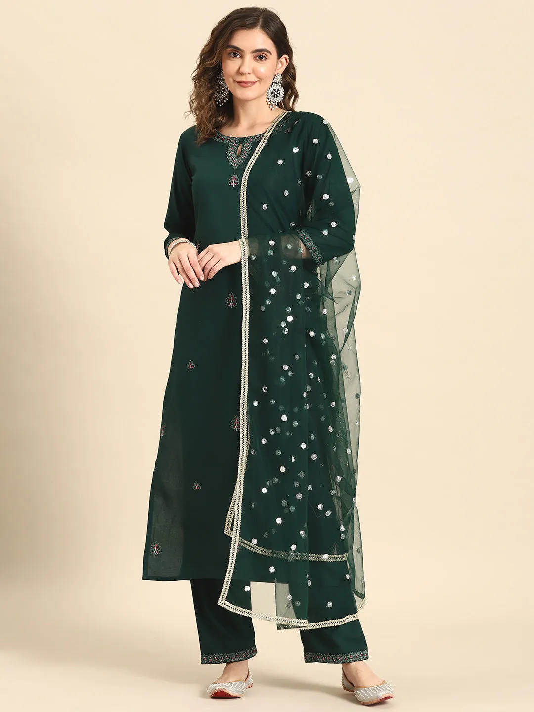 Women Green Embroidered Straight Kurta With Palazzo And Net Dupatta