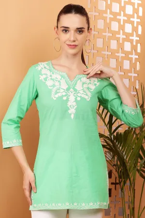 Women Lime Embroidered Cotton Kurti