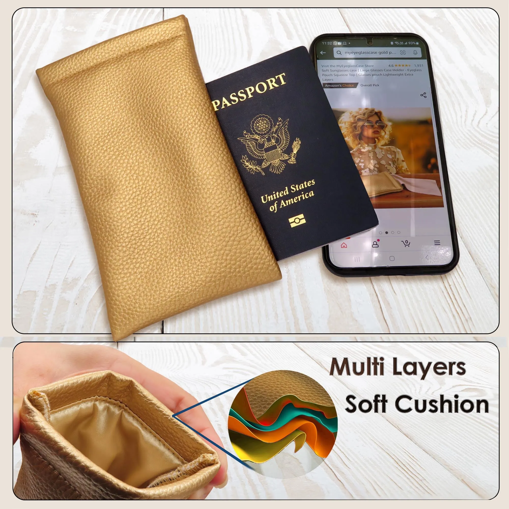 XL Soft Sunglasses Case Large Squeeze Top - Eyeglass Pouch w/Microfiber Cloth - Passport Holder - Accessory Pouch (CT8 Gold)