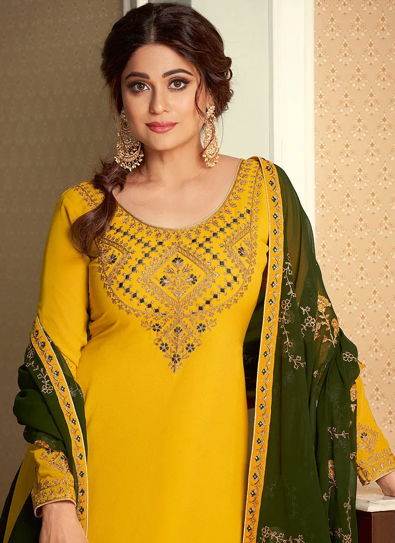 Yellow And Green Embroidered Lehenga Style Suit