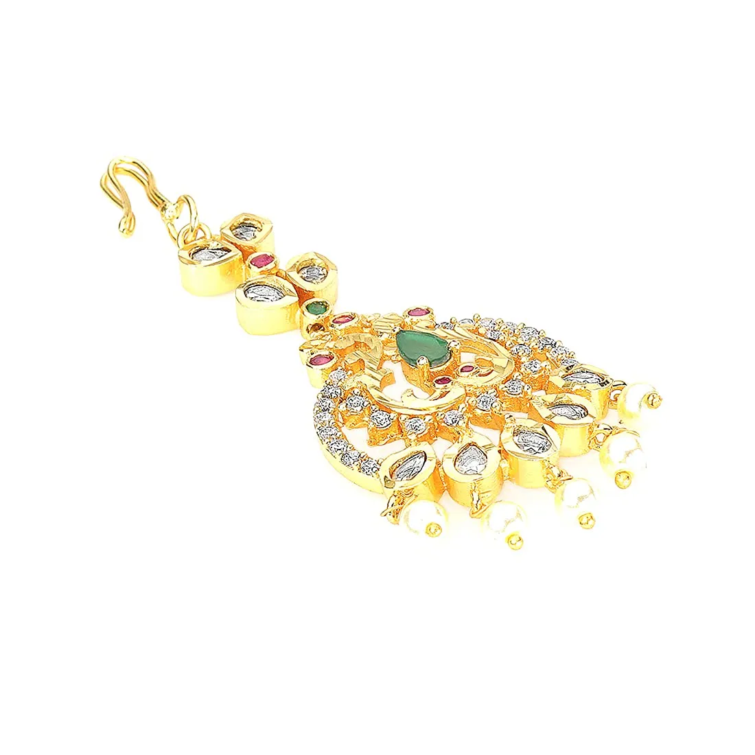 Yellow Chimes Classic AD/American Diamond Studded Gold Plated Multicolour Stone Maang Tikka for Women and Girls, Multicolor, Medium